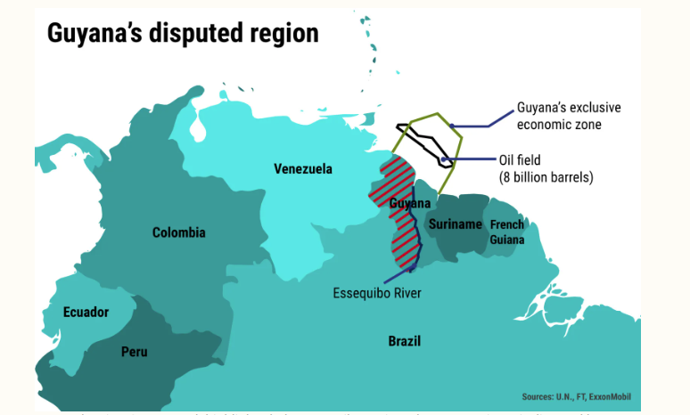 Map-style visual representing Guyana and Venezuela and the border region- Image Source: Newsweek/Getty/Newsweek/Getty